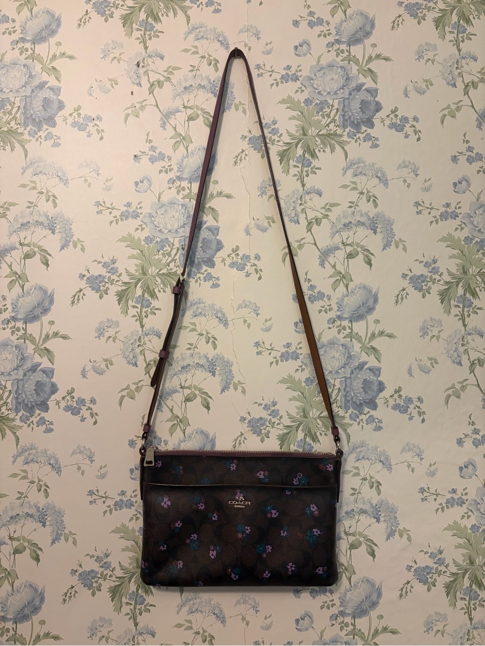 Coach Black Floral Crossbody Bag with Purple Accents